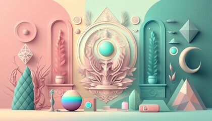 Designer Background with Iconic symbols and Pastel color palette with Geometric Shapes in Bold Colors - Modern Wallpaper Template with Vibrant Hues and Polygonal Pattern (generative AI)