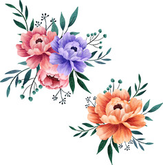 Bouque of Watercolor Peony Flowers