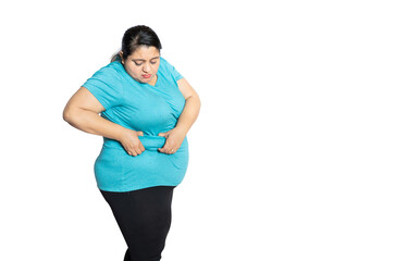 Overweight indian woman holding big belly waistline suffering from excess fat. Worried Asian female...