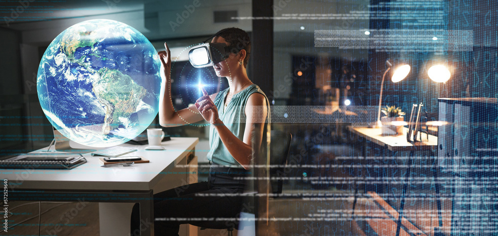Aufkleber woman, office and night with vr headset, hologram earth or web design planning for global cybersecur
