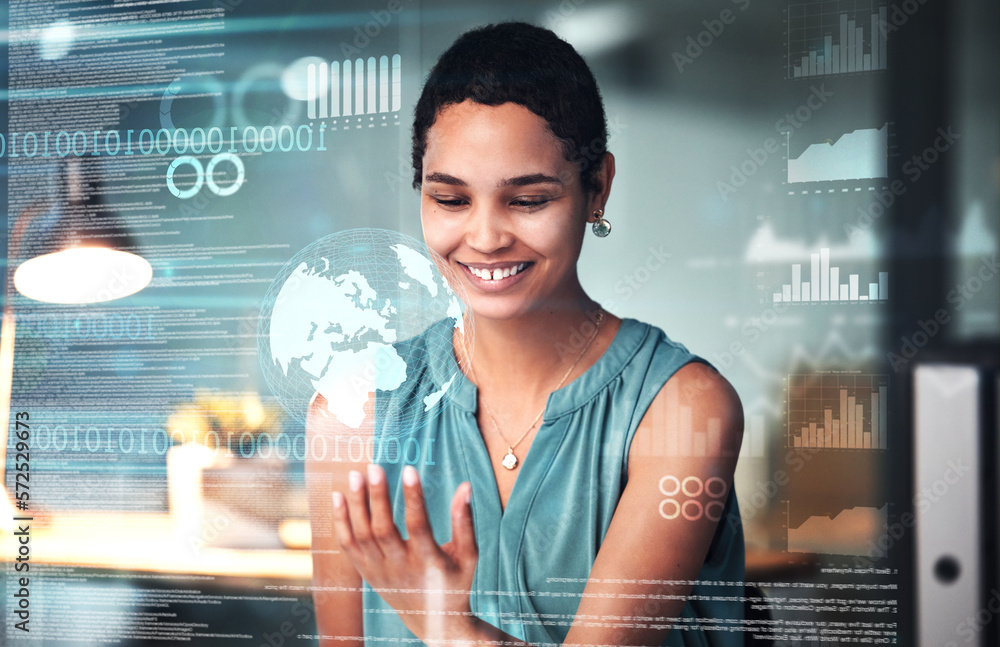 Aufkleber world, finance and overlay with a business black woman using an ai or ux interface to access the met