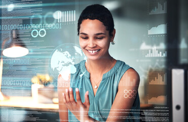 World, finance and overlay with a business black woman using an ai or ux interface to access the metaverse of data. Digital, future and information with a female employee working on a 3d hologram