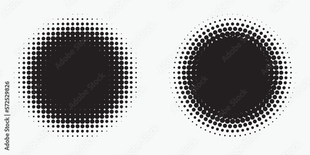 Poster Halftone circle frame background set. Round border Icon using halftone random circle. Grunge circular stain. Vector illustration. 