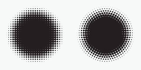 Halftone circle frame background set. Round border Icon using halftone random circle. Grunge circular stain. Vector illustration. 