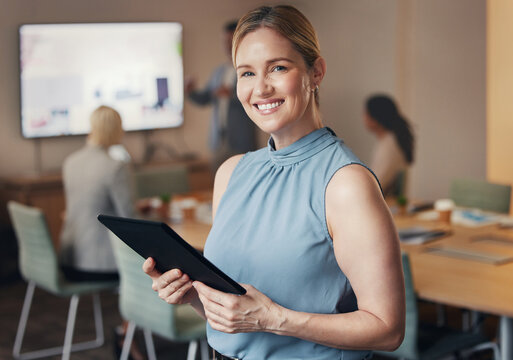 Business, portrait of woman CEO with tablet and happy team leader in office with vision and success. Leadership, smile and corporate industry, confident businesswoman in management at digital startup