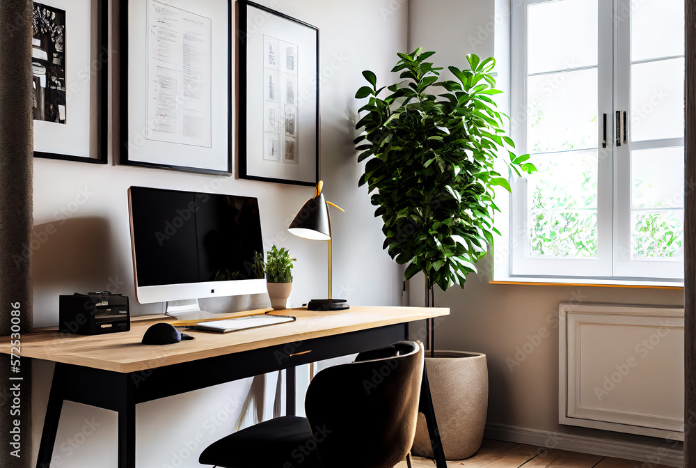 Poster working room with a large window and a workplace with a computer. generative ai