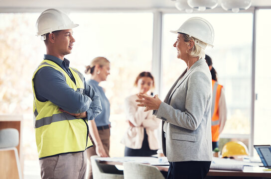Construction team, architecture meeting and engineer collaboration with industrial worker group. Real estate, building management and employee communication of property development employees