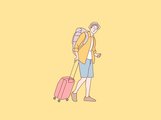 Happy vacation young man carry suitcase being ready to go holidays simple korean style illustration