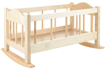 Wooden baby bed isolated on a white background. A toy crib for dolls. The frame of a lullaby,...
