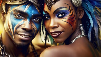 Joyful and Excited African American Couple in Rio Carnival Costume: Colorful Illustration of Humans in Festive Brazilian Street Party with Samba Music and Dancing Floats Celebration (generative AI