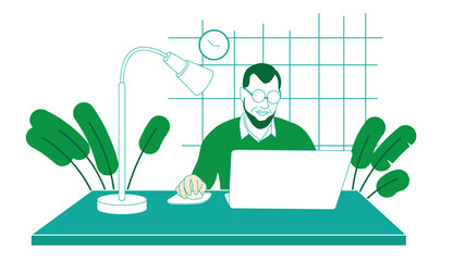 Ilustración sin fondo de hombre trabajando en su computadora portátil en la oficina. 