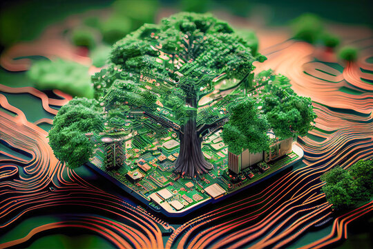 A green sprout tree on a microchip, a concept of innovation, biotechnology, a symbol of a growing startup and new successful businesses in the field of computer technology and the green agenda ai