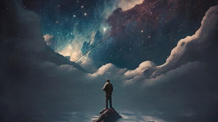 man fishing for stars above the clouds