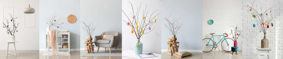 Collage of stylish Easter decorations near light walls in room interiors