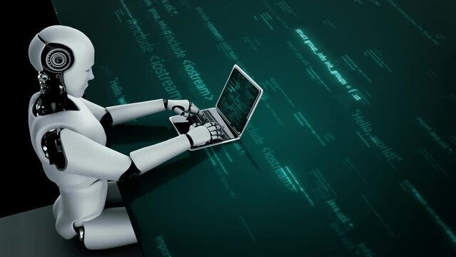 Futuristic robot artificial intelligence huminoid AI programming coding technology development and machine learning concept. Robotic bionic science research for future of human life. 3D rendering.