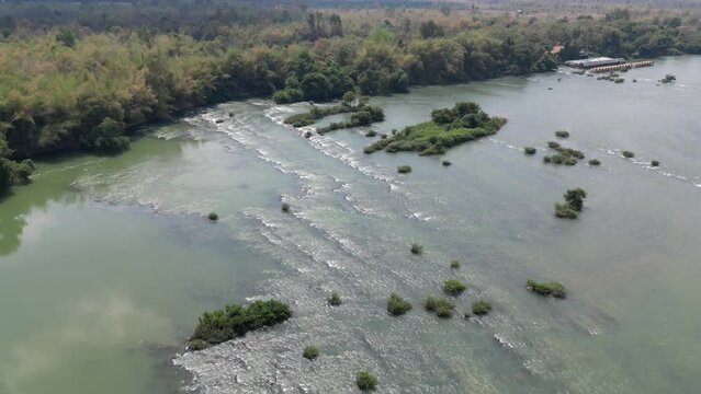 Drone footage above rapides of Srepok river in Stung Treng province, wild nature around and amazing landscape, Cambodia 1-2