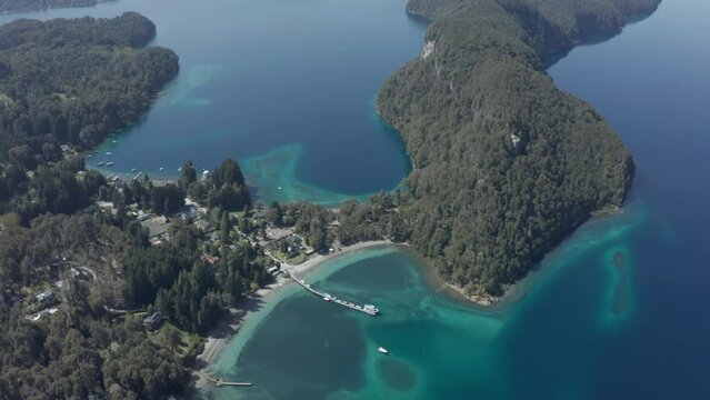 AERIAL - Nahuel Huapi Lake in Arrayanes National Park, Villa La Angostura, Neuquen, Argentina, rising tilt up