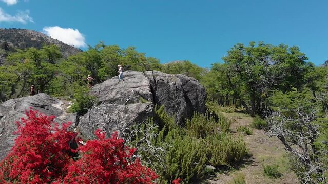 AERIAL - People hiking in Arrayanes National Park, Villa La Angostura, Neuquen, Argentina