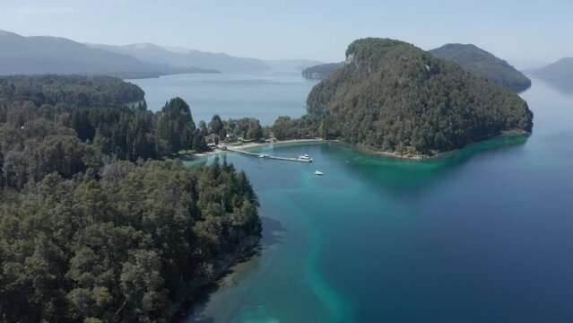 AERIAL - Nahuel Huapi Lake in Arrayanes National Park, Villa La Angostura, Neuquen, Argentina, lowering