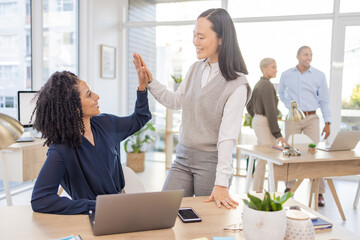 Business women, high five and corporate team celebrate success, win or target achievement in office. Diversity people or employee and mentor or manager with hands for goal, teamwork and collaboration