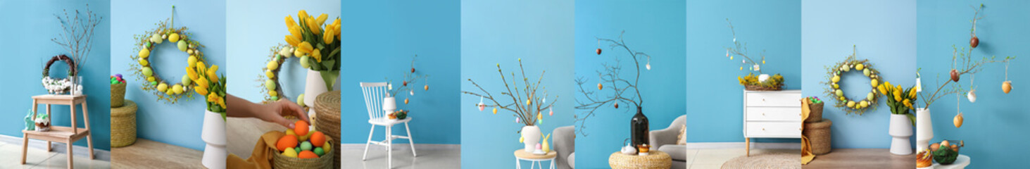 Collage of stylish Easter decorations near blue wall in room interior