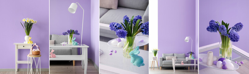Collage of stylish Easter decorations and spring flowers in living room interior