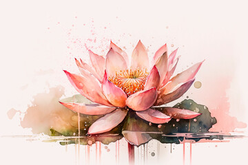 Pink watercolor lotus in water. AI generation	
