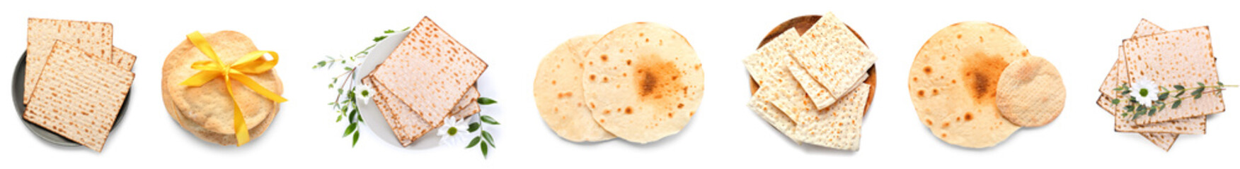 Set of Jewish flatbread matza for Passover on white background, top view