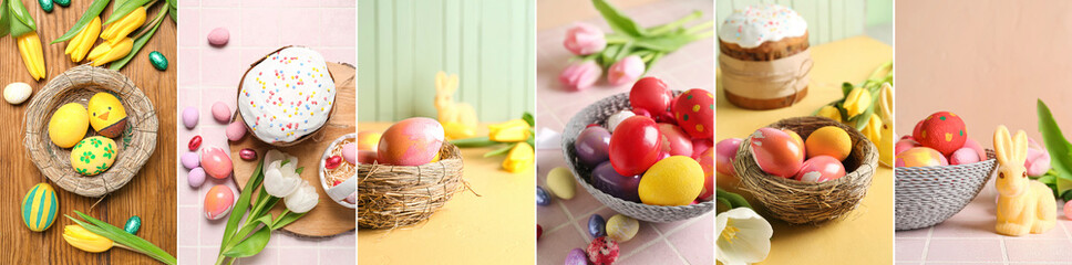 Collage of colorful Easter eggs with cake and tulip flowers on table