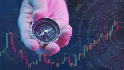 A navigation compass in hand with growing virtual hologram chart of stock background. Business planning and define marketing direction and analysis growth sale data, progress or success concept. - Powered by Adobe