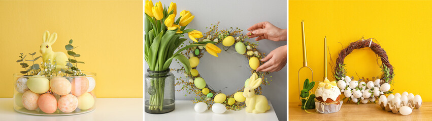 Collage of beautiful Easter wreaths and decorations in room interiors