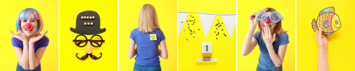 Festive collage for April Fool's Day with funny woman, calendar and decor on yellow background