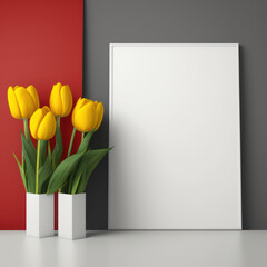Mockup photo frame, red tulips and yellow daisies, AI Generaion