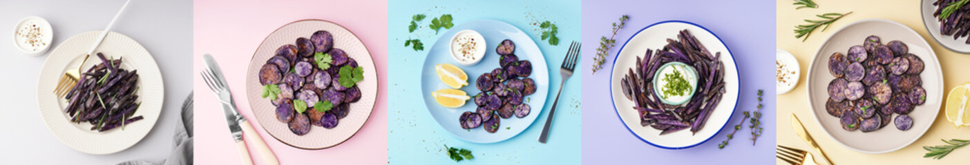 Collage of plates with slices of fried purple potatoes with sauce and herbs on color background,...