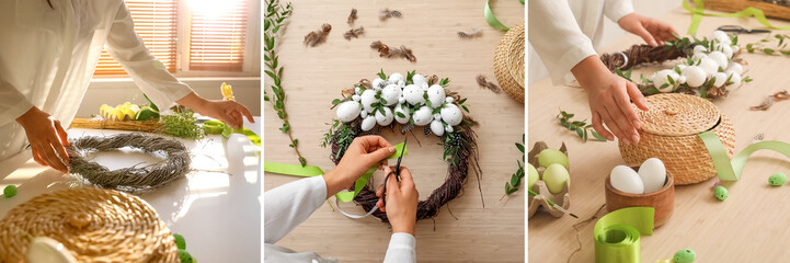 Collage of woman making beautiful Easter wreaths