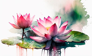 Pink watercolor lotus in water. AI generation	

