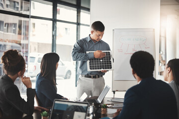 Man, solar panel and business presentation in office with investor group, ideas or future of earth....