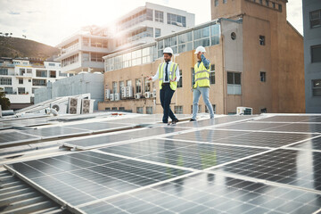 Renewable energy, solar panels and people meeting for construction, inspection and photovoltaic...