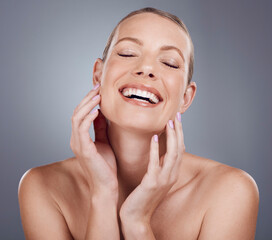 Happy, beauty and skincare with face of woman for facial, cosmetics and spa treatment. Smile,...