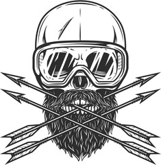 Skull with mustache and beard in safety glasses and vintage hunting arrow in monochrome style isolated illustration. Design element for label or sign and emblem