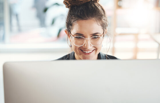 Computer, working happy woman in office with online project management, networking and internet business worker. Digital employee, worker or person on desktop pc typing or writing on company website
