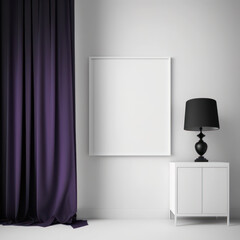Frame poster mockup in home interior, black curtains and purple lamps AI Generaion.