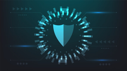 cyber security and data protection on antivirus concept. shield with hi tech circle on dark background