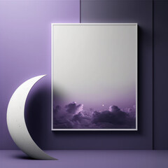 Wall poster mockup silver moon and purple clouds, AI generation.