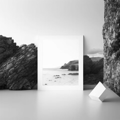 Wall poster mockup rocky shore and a wild ocean, AI generation.