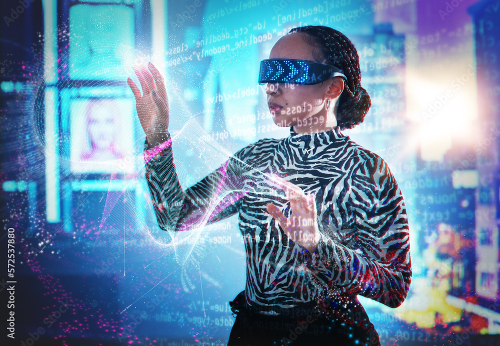 Poster Metaverse, woman and virtual reality glasses with dashboard overlay for digital transformation. Person with vr headset for ar neon hologram for cyber and 3d world for big data and futuristic coding