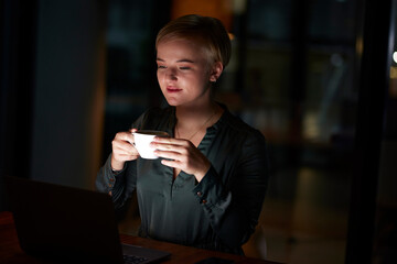 Night, business and woman with laptop, coffee and new project with ideas, sales growth and planning for advertising campaign. Dark, female employee and manager with device, tea and online reading