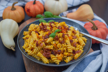 pumpkin pasta with herbs and bacon