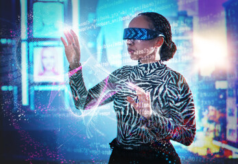 Metaverse, woman and virtual reality glasses with dashboard overlay for digital transformation....