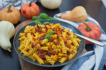 pumpkin pasta with herbs and bacon
